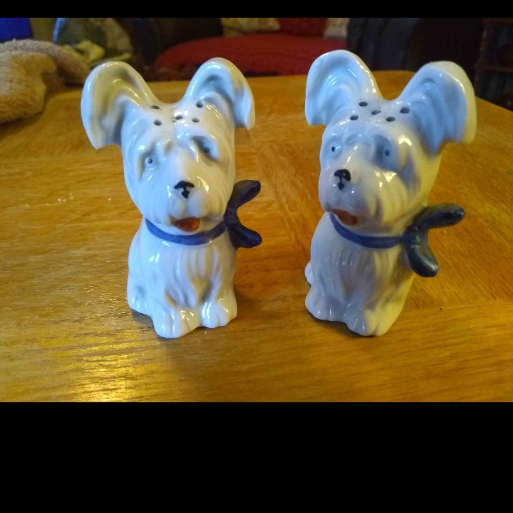 Vintage Porcelain Dog Salt & Pepper Shakers. One Cork is inside the shaker.